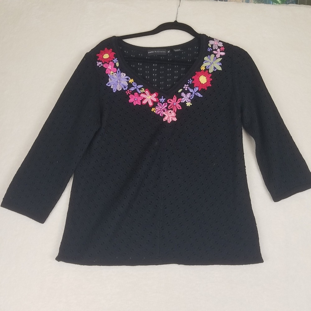 Dana Buchman Silk Knit Top Womens‎ XL Black Floral Ribbon Embroidery Excellent